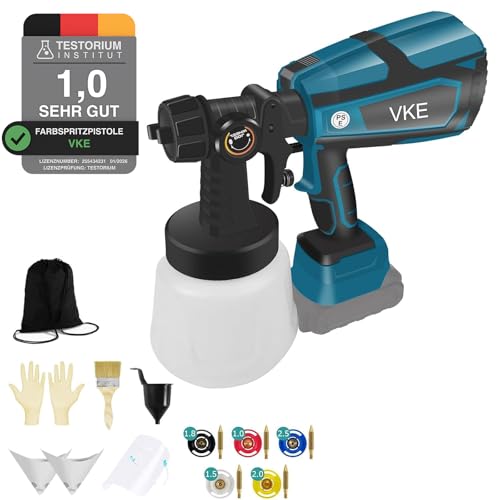 Sprühpistole VKE Akku Farbsprühsystem für Makita 18v Akku, 800W 1000ML Farbsprühgerät, Lackierpistole Elektrisch mit 5 Düsen, 3 Spritzmuster, Schutzmaske und Organizer Aufbewahrungstasche(ohne Akku)
