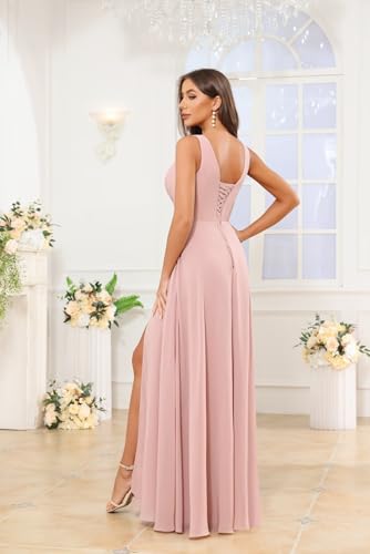 Image of HANVAIOS Long Chiffon V Neck Bridesmaid Dresses for Women Formal Dress with Pocket