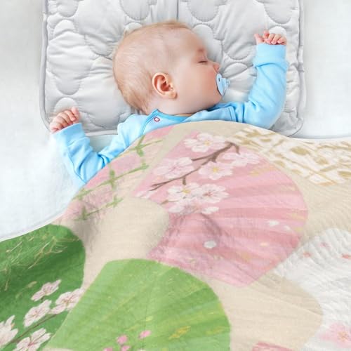 Custom Japanese Pinkish-Green Fan Swaddle Blanket Breathable Personalized Image Baby Name Blanket Personalized for Newborns, Infants, & Toddlers 30x40in Mantas para4