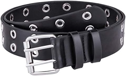Samtree PU Leather Double Grommet Belt for Men Women, Adjustable Rock Punk Jeans Metal Square Buckle 2 Hole Belt for Unisex, Black