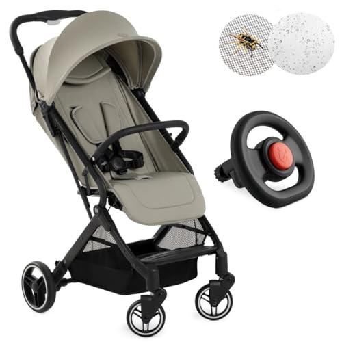 Hauck Reisebuggy Travel N Care Plus mit Spielzeug-Lenkrad | Sportwagen ab Geburt bis 22 kg mit Liegefunktion, UV-Schutz 50+, Regen- und Insektenschutz | klein zusammenklappbar - Velvet Olive