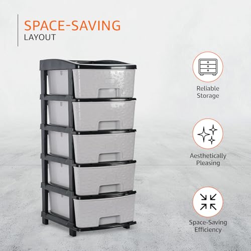 Image of Amazon Basics Plastic 5 Tier Multipurpose Modular Drawer Storage Rack | Kitchen & Home Essentials Organizer Storage Box Cabinet | Almira Set for Stationary, Kitchen, Cosmetic |Black & Grey