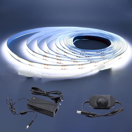 Arotelicht 5m COB LED Strip Koud Wit 6000K 12V 320LEDs/m COB LED verlichting Dimbaar COB LED Licht Hoge Dichtheid met Dimmer Adapter IP20 voor Slaapkamer Keuken Interieur Decoratie