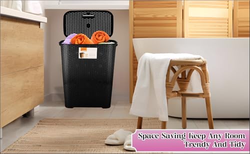 1 X Laundry Basket with Flip Lid Knit Design Plastic Large Hamper, Washing Baskets Linen Clothes Box Freestanding Sturdy Tall Laundry Sorter Bin Storage for Bathroom, Bedroom (Black, 65L Litre) - Image 7