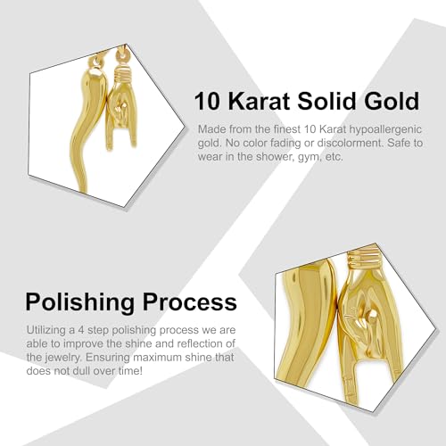 Gold Italian Horn with Hand Sign Pendant - 10 Karat Gold - 3D Good Luck Hand Sign - Italian Mano Cornuto Hand Symbol - Cornicello Charm Pendant - Multiple Sizes to Choose From2