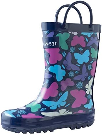 OAKI Kids Rubber Rain Boots with Easy-On Handles, Butterflies, 4T US Toddler