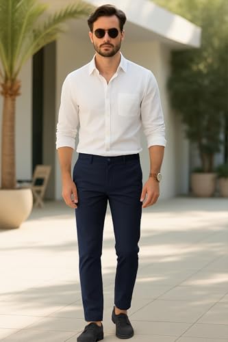 Arber Men's Stretch Chinos, 97% Cotton/3% Elastane, Flat Front, Breathable, Machine Washable; White, Navy or Beige.3