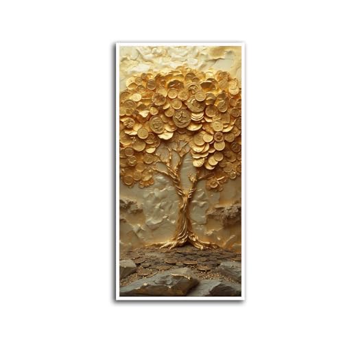 Golden Money Tree Canvas Print Surreal Wealth Symbol with Falling Coins Prosperity and Abundance Wall Art Financial Success Decor Indoor Decor for Home Offices Living Room Bedroom farmhouse