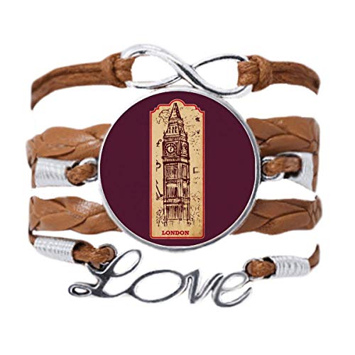 Bracelet Big Ben en cuir noir tordu : le style vintage chic de l'Angleterre à votre poignet