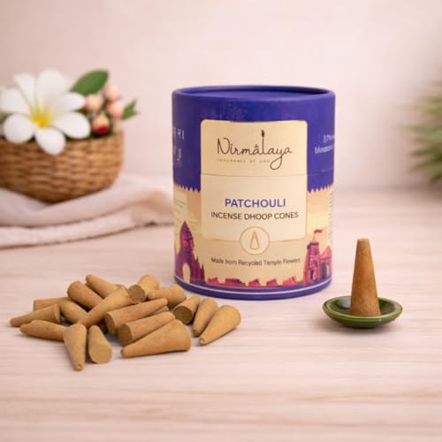 Image of Nirmalaya Premium Patchouli Dhoop Cones | 60 Bambooless Incense Cones with Stand | Made from Sacred Flowers | Charcoal Free Cones | 25 Min Burn Time for Pooja & Meditation