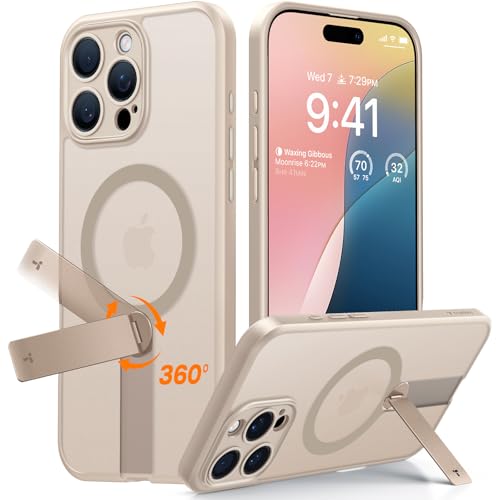 TORRAS Desert Titanium 360 Spin Stand Magnetic Case for iPhone 16 Pro Case with Full Camera Protection, Fit for MagSafe, 16FT Mil-Grade Shockproof Sli