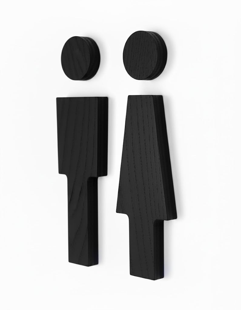 Adhesive Wooden WC Sign - Men and Women Bathroom Signs, for Restroom, Bathroom Door and Wall, Toilet, Washroom, Water Closet Sign for Home and Office (Black)