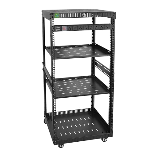 RIVECO 22U Network Rack with Reinforced Top & Bottom Vented Plates - 4 Rolling Wheels Floor Standing for 19" Equipment & Stereo Gear - Including 2PCS Shelves & Rail Mount PDU