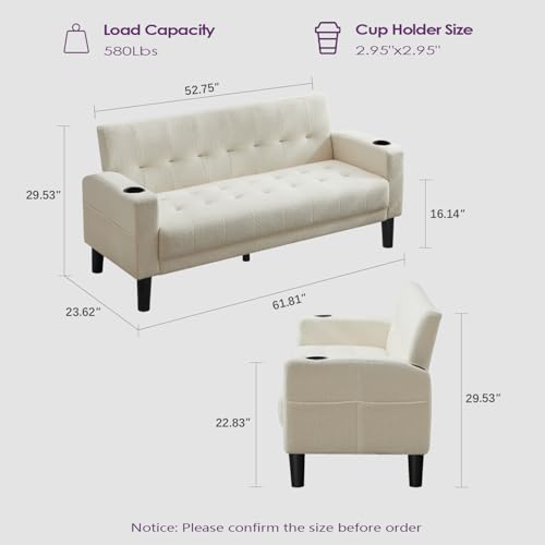 TYBOATLE Sofa Couch 62" W Loveseat w/ 2 USB Charger Ports & 2 Cupholders, Mid-Century Modern Tufted Small Love Seat Couches for Office,Compact Living Room,Bedroom,Apartment,Dorm (Black) - Image 3