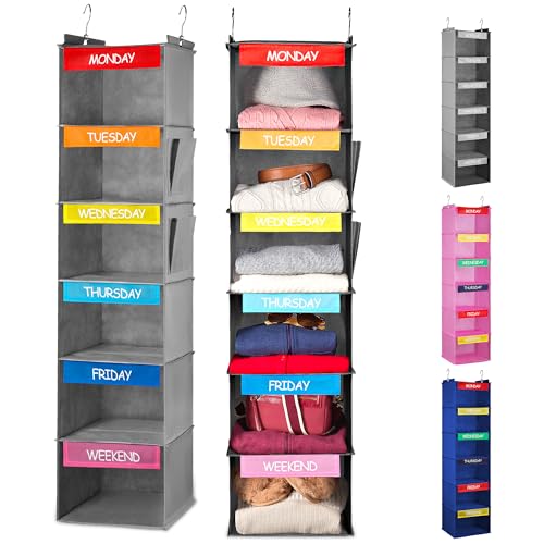 Handy Laundry Hanging Clothes Organizer for Kids - 6-Shelf Closet Daily Clothing Organization Labeled Shelves with Days of The Week Monday Through Friday, Weekday and Weekend (Grey-Colored)