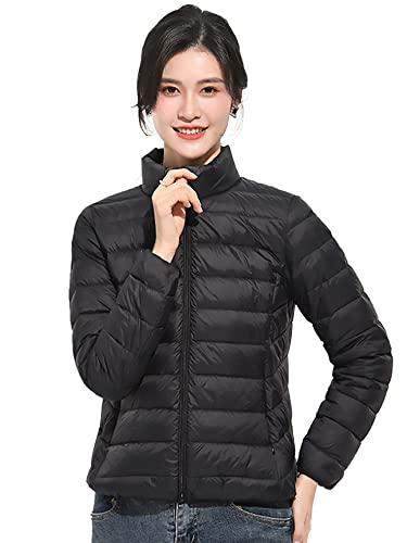 Wnodruke ダウンジャケット レディース ウルトラライト ダウン コート 軽量 防寒 暖かい コンパクト収納 WN004 (JP, アルファベット, M, 襟•ブラック)