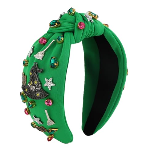 Amariver Wicked Headband for Women Knotted Green Headband with Witch Charms & Rhinestones for Halloween & Everyday Glam