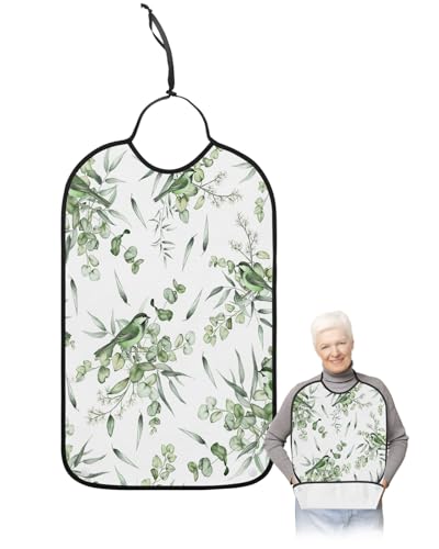 LEOKOTI Teal Summer Botanical Adult Bibs for Eating, Waterproof Bibs with Food Catcher & Adjustable Snap Closure, Watercolor Spring Floral Birds Washable Clothing Protectors Adult Bibs for Elderly