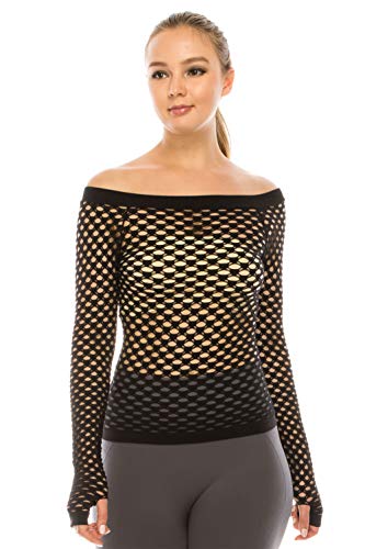 Kurve Stretchy Fishnet Long Sleeve Top, UV Protective Fabric, Rated UPF 50+ (Made with Love in The USA), Black, Medium/Large