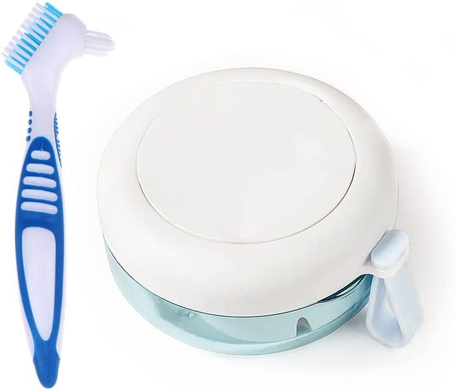 Leakproof Denture Bath Box with Strainer Basket and Toothbrush, Anbbas Cleaning Kit Dental Braces Case Cup for Retainer,Aligner,Mouth Night Guards (Light Blue)
