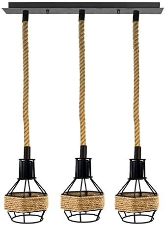Retro Hemp Rope Island 3 Head Ceiling Light Fitting, 3 Way Cluster E27 Pendant Light with Metal Bird Cage Vintage Industrial Ceiling Lamp for Living Room (Rectangle 3)