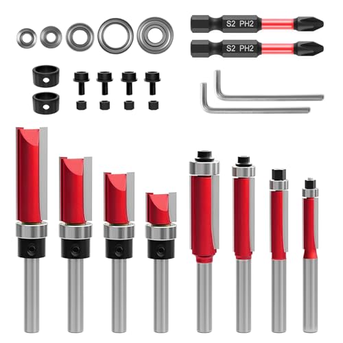 VIRIECH 10 pièces Fraises à affleurer avec 2 embouts magnétiques à percussion, 6 roulements, 2 clés, Set de fraises à affleurer à tige de 8mm,Gabarit de perçage...