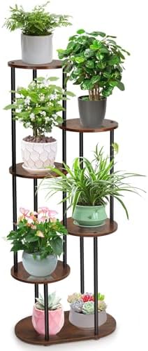 Plant Stand Indoor - 6 Tiers Plant Holder Indoor 7 Pots Flower Plant Shelf, 44.8 Inch Tall Large Wooden Plant Rack for Living Room, Patio, Balcony Decor, Gardening Gift, Black