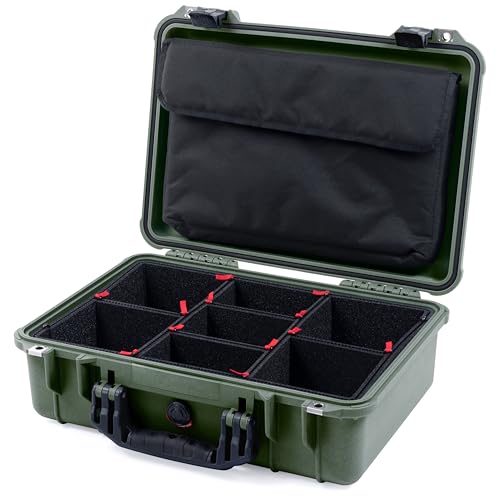 ColorCase Pelican 1500 Case OD Green - Medium Size Waterproof Case with TrekPak Divider & Computer Lid Organizer - Black Handles & Latches