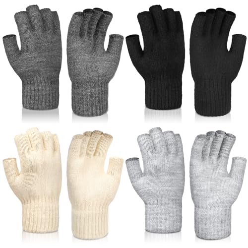 Bonuci Luvas de malha de alpaca sem dedos, luvas quentes de malha de meio dedo para homens e mulhere