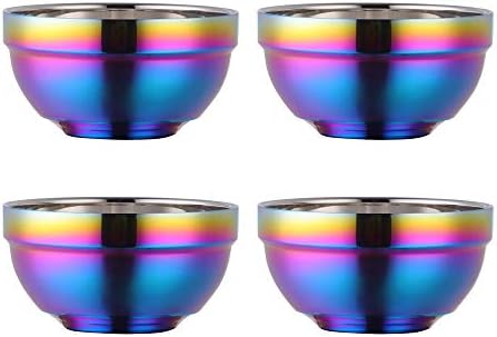 BISDARUN Large Rainbow 304 Stainless Steel Bowl Set of 4, Double-Walled Heat Insulation Anti-Scalding Kitchen Soup Bowls, Drop Resistance Children Bowl Salad Bowl Set for Mixing (5.1 Inches Diameter)
