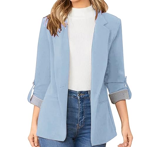 L9WEI Blazer business élégant à revers pour femme - Couleur unie - Manches longues, bleu ciel, S