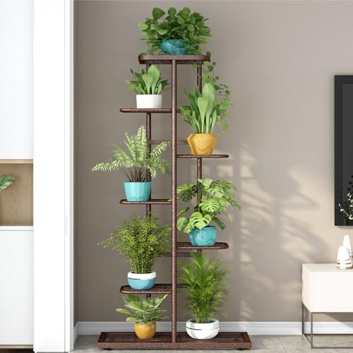 Image of LINZINAR Plant Stand Metal 7 Tier 8 Potted Multiple Flower Pot Holder Shelf Indoor Outdoor Planter Display Shelving Unit for Patio Garden Corner Balcony Living Room, Bronze