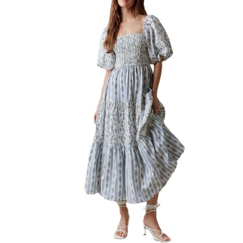 Image of Women Patchwork Dress Y2k Floral Puff Short Sleeve Maxi Dress Summer Boho Smocked Tiered Ruffle Beach Sundress