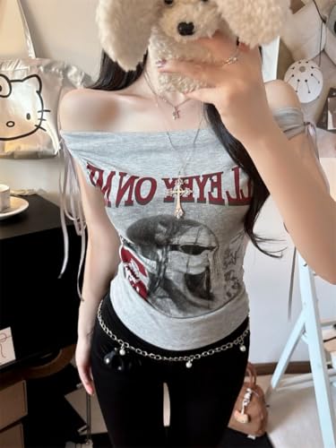 Image of ICW Women's Graphic Print Ruched Side-Tie with Bra Pads Off-Shoulder Vintage Streetwear Sleeveless Cami Crop Top Dn5152