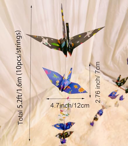 Image of Space Dinosaur Crane Paper Hanging Garlands(3stringsX 5.2ft), Colorful Planet and Animal Origami Birds Streamers for Baby Shower Birthday Party Supplies Boy Bedroom Garden Hanging Decor