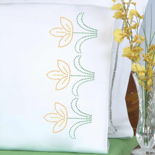 Jack Dempsey Needle Art Cross-Stitch Tulips Perle Edge Pillowcases