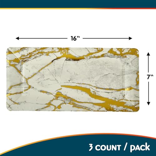 Elegant Marble Gold Loaf Rectangular Disposable Paper Platter - 16\" x 7\" (Pack of 3) - Perfect for Serving Bread, Cakes, & Desserts at Special Events