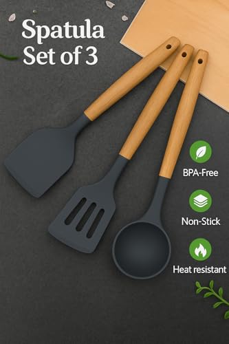 Image of Sakoraware Silicone Spatula Set with Wooden Handle Kitchen Tools Mixing | Serving Cooking Spoon | Turner | Soup Ladle | Non-Stick | BPA Free Kitchen Tools Set of 3 (Black)
