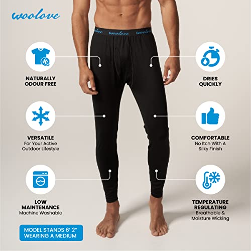 Woolove Men's 100% Merino Wool Base Layer Long Underwear Thermal Leggings - Midweight, Moisture-Wicking, Cold Weather (Black, Medium) #TOP1