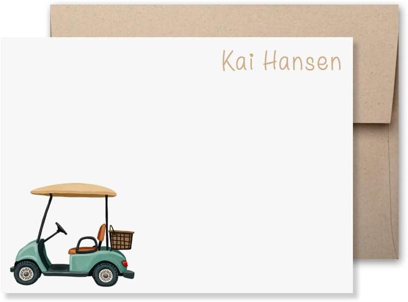 KAI KAI MARKET | Retro Ride 13 Golf Cart | Personalized Stationery | Flat Note Cards and Envelopes | Cars, Trucks, Kids, Adults | Thank You Cards |