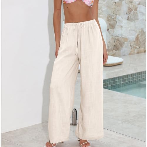 Image of Duyang Womens Cotton Linen Palazzo Pants Drawstring Elastic Waist Casual Wide Leg Trousers with Pockets