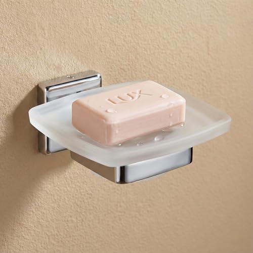 Image of EASYHOME FURNISH Premium 304 Stainless Steel Soap Dish Holder with Frosted Glass Tray | Wall Mounted Rustproof Soap Stand for Bathroom, Shower, and Kitchen | Chrome Finish Heavy Duty Soap Case