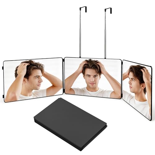 LADETTO 3 Way Trifold Mirror,360° Barber Self Cut Mirror to See Back of Head, Hangable & Foldable, Portable for Home&Travel Grooming, Braiding,Shaving & Makeup for Men Women (Black)