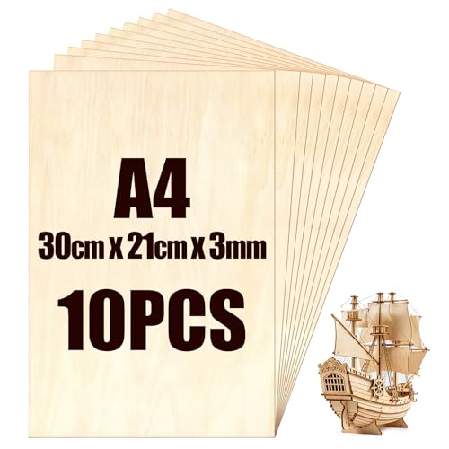 MOPUBZO 10 Piezas A4 Madera Contrachapada, 300x210x3mm Tablero Contrachapado de Tilo, Tablero Madera para Bricolaje, Pirograbado, Corte por Laser, CNC Router, Modelado