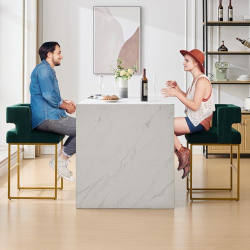 Image of 26 inch H Velvet Bar Stools Set of 6, Counter Height Bar Seats with Square Back, Modern Upholstered Armless Barstools with Metal Gold Legs for Kitchen Island Dining Room Bar, Green