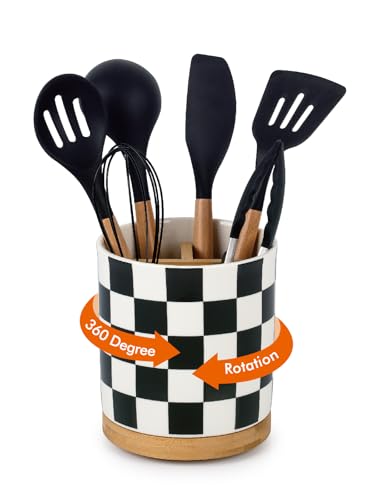 Image of LoeJan 3 Compartment Utensil Holder, Extra Large Utensil Crock, Stable Ceramic Utensil Organizer, Cooking Tool Organizer Set for Kitchen Counter Farmhouse Decor (G-Black(Square))