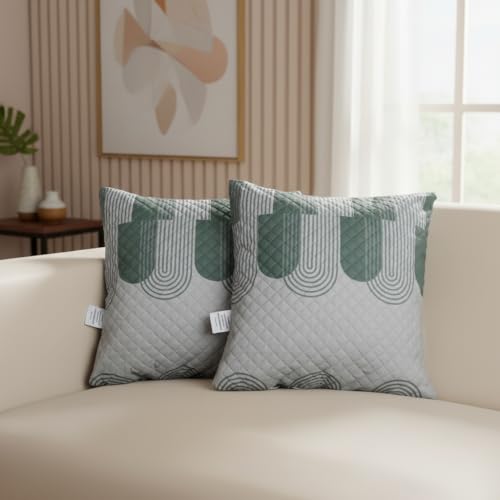 Image of STITCHNEST 'QuadraNest' Series Printed Quilted Velvet Cushion Cover 16x16 Inch Set of 2 | Premium Soft Fabric, Washable & Fade Resistant | Decorative Living Room Cushion Covers | Green & White Wave