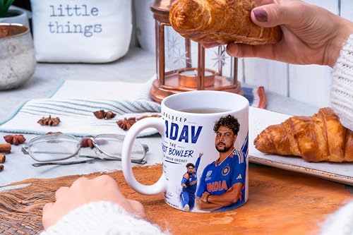 Image of Cricket Theme Coffee Mug IPL Edition - Stylish Helicopter Shot Print Cup - Gift for Cricket Fans, Boys & Friends (kuldeep yadav)