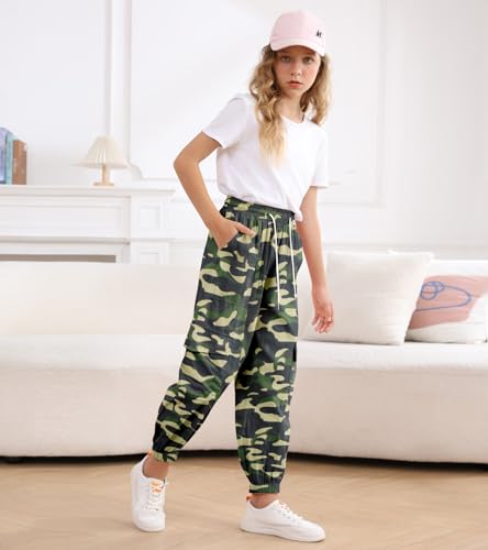 Image of Girls Cargo Pants Elastic Waist Casual Jogger Pants for Girls Streetwear Loose Parachute with Pockets 7-14Years