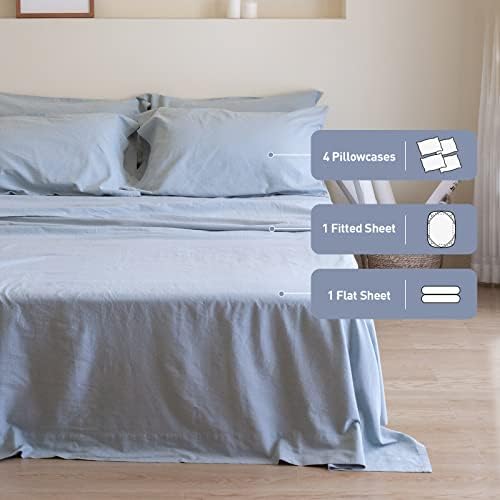 Simple&Opulence Belgian Linen Sheet Set Solid Color - 6 Pieces (1 Flat Sheet & 1 Fitted Sheet & 4 Pillowcases) 16" Deep Pocket Natural Flax Cotton Blended Soft Bedding - Dusty Blue, Queen Size - Thumbnail 2